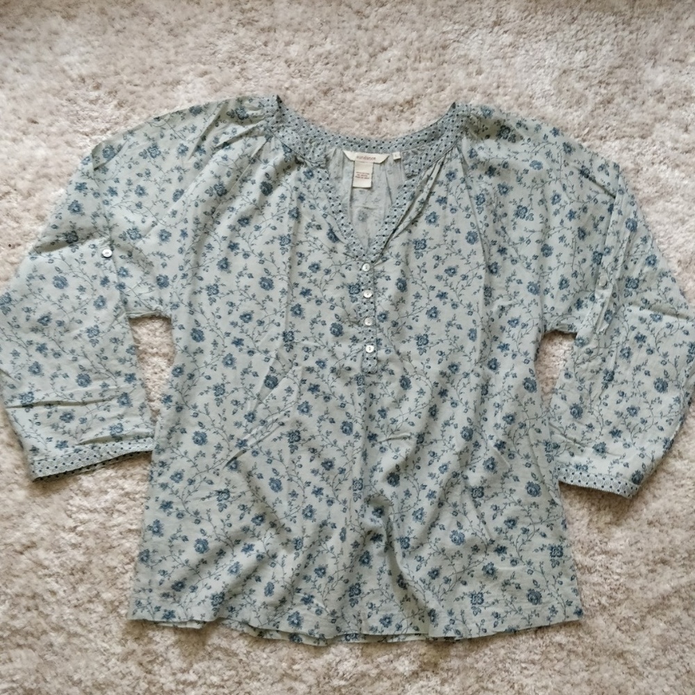 Sundance Catalog blue floral cotton blouse L